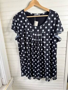 Furnex Black & White Polka Dot Pleated Scoop Neck Blouse - XXXL NWT
